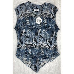 NWT Jolie & Joy 3X Sheer Bodysuit Snap Crotch Stretch Graffiti Print Blue White